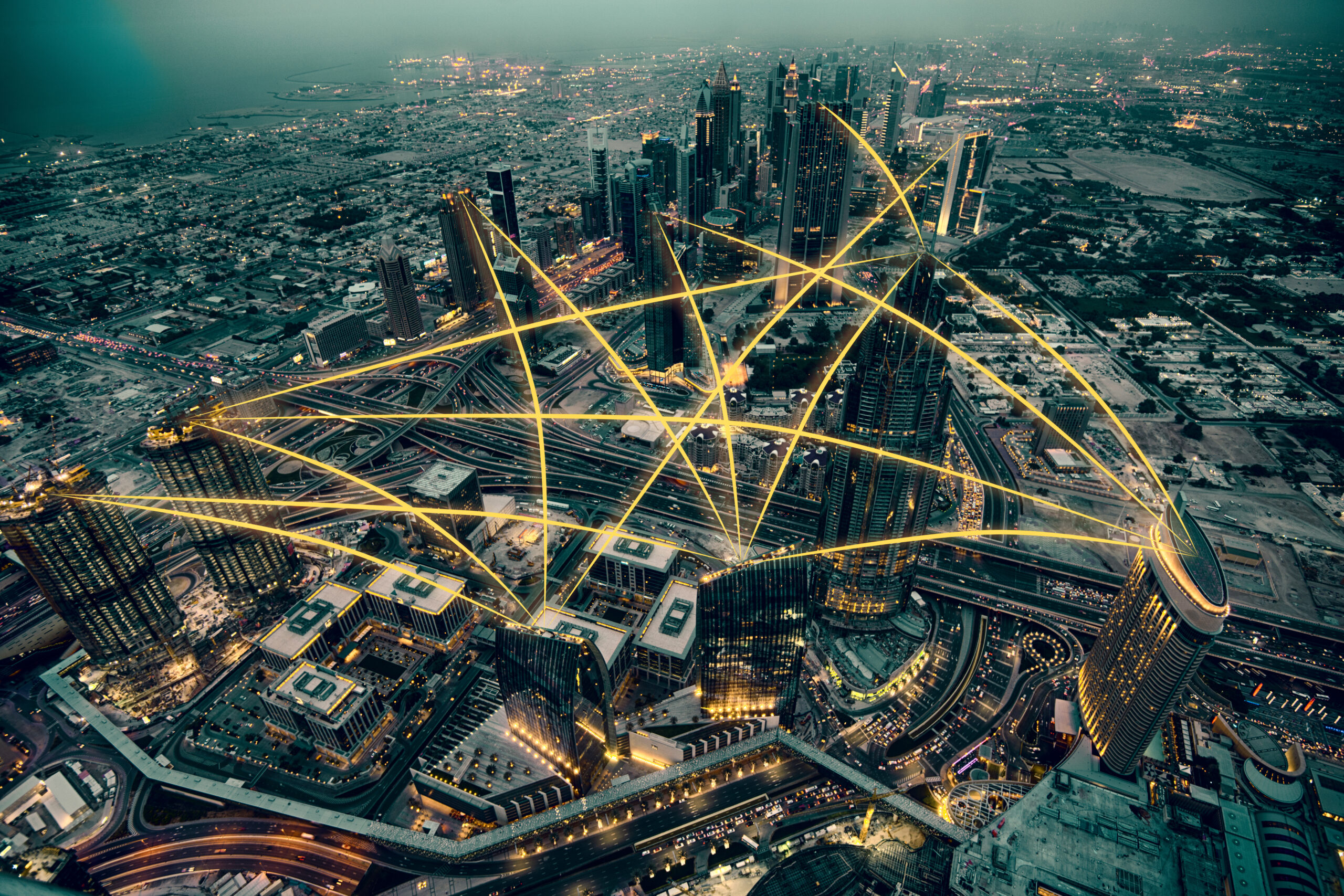Aerial view of city at night. Social media connection concept. Photo manipulation.